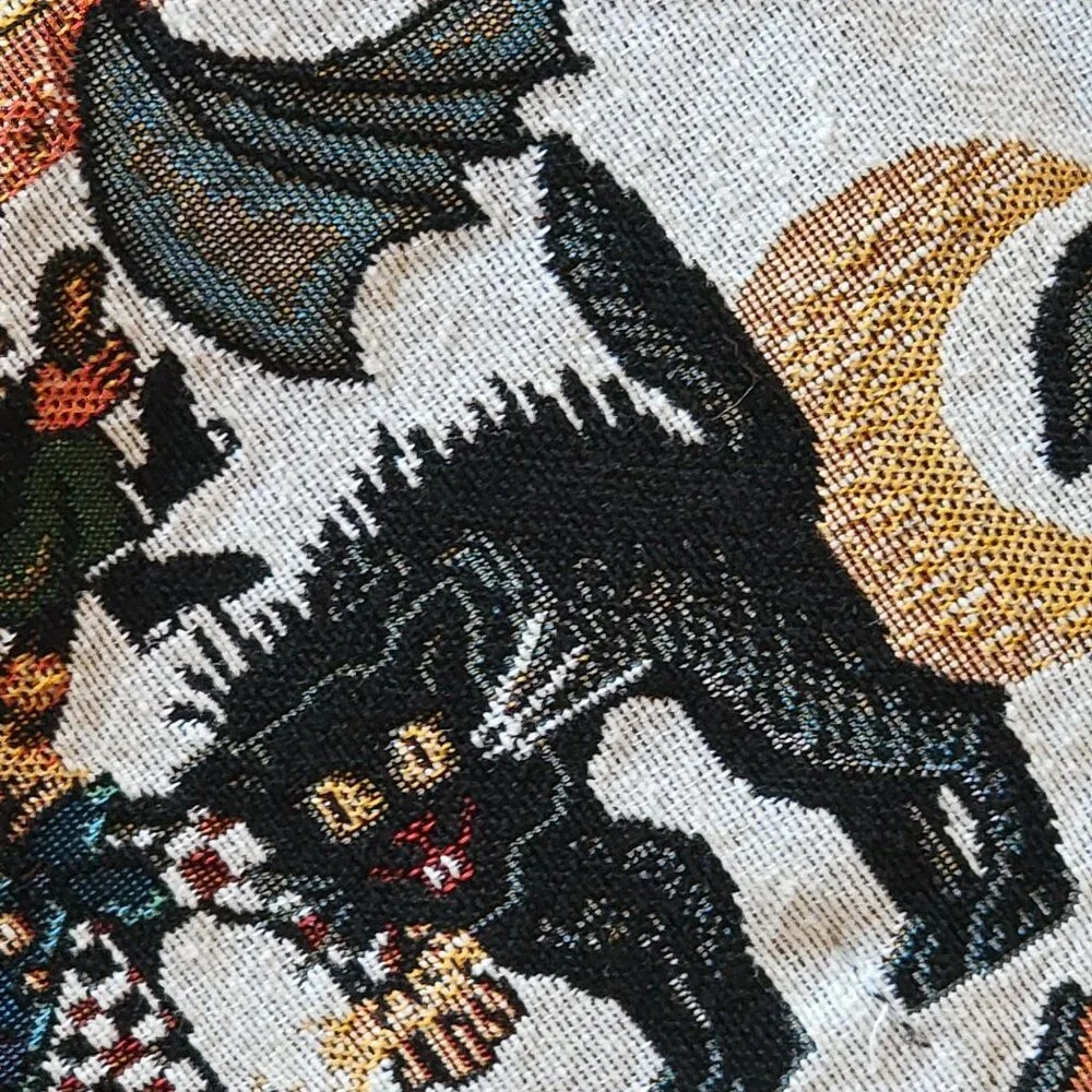 Vtg Halloween-Themed Tapestry Table Runner With Black Tassel Ends - Picture 7 of 11